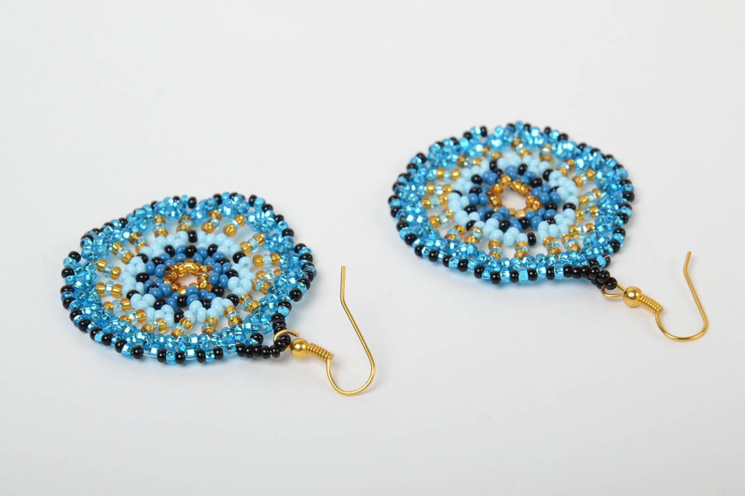 Beautiful handmade designer round blue beaded earrings with hook type ear wires photo 4