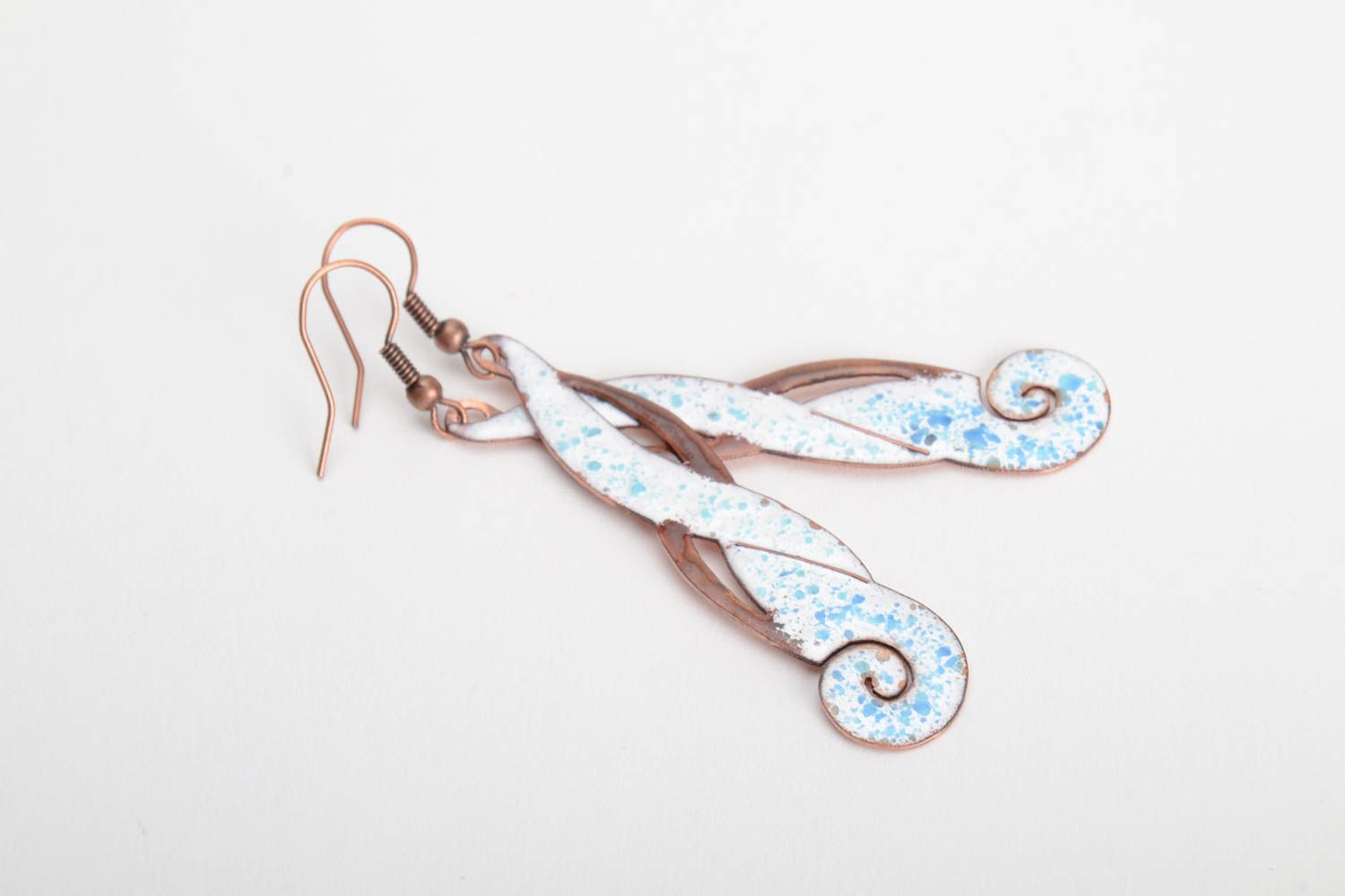 Copper handmade decorative earrings with hot enamel painting long with charms photo 4