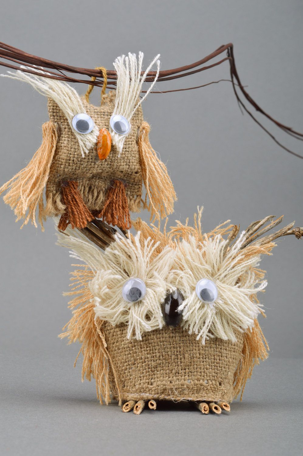 Set of 2 handmade souvenir toys sewn of burlap Owl with owlet for interior decor photo 4