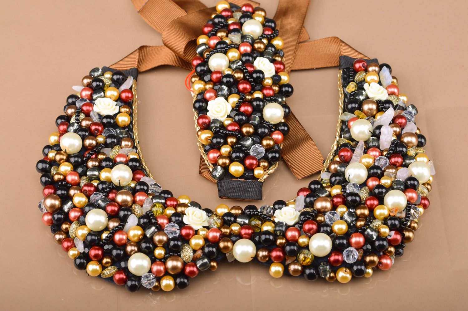 Handmade huge colorful bead embroidered collar necklace and wrist bracelet for mom photo 3