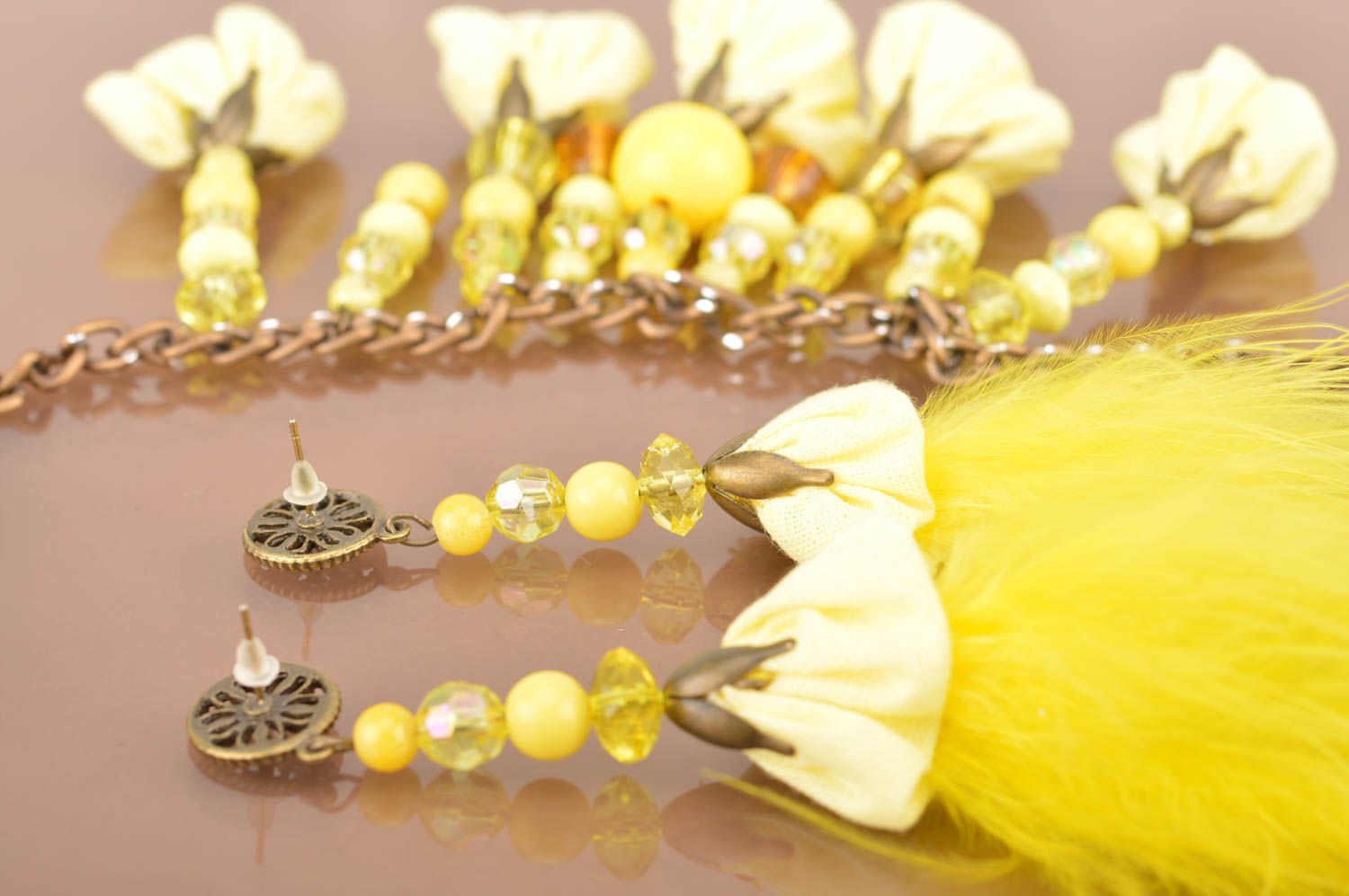 Set of handmade jewelry in yellow color necklace and earrings with feathers photo 4