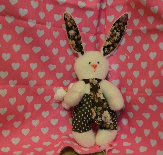 White handmade artificial fur fabric toy of average size Hare with Bouquet photo 5
