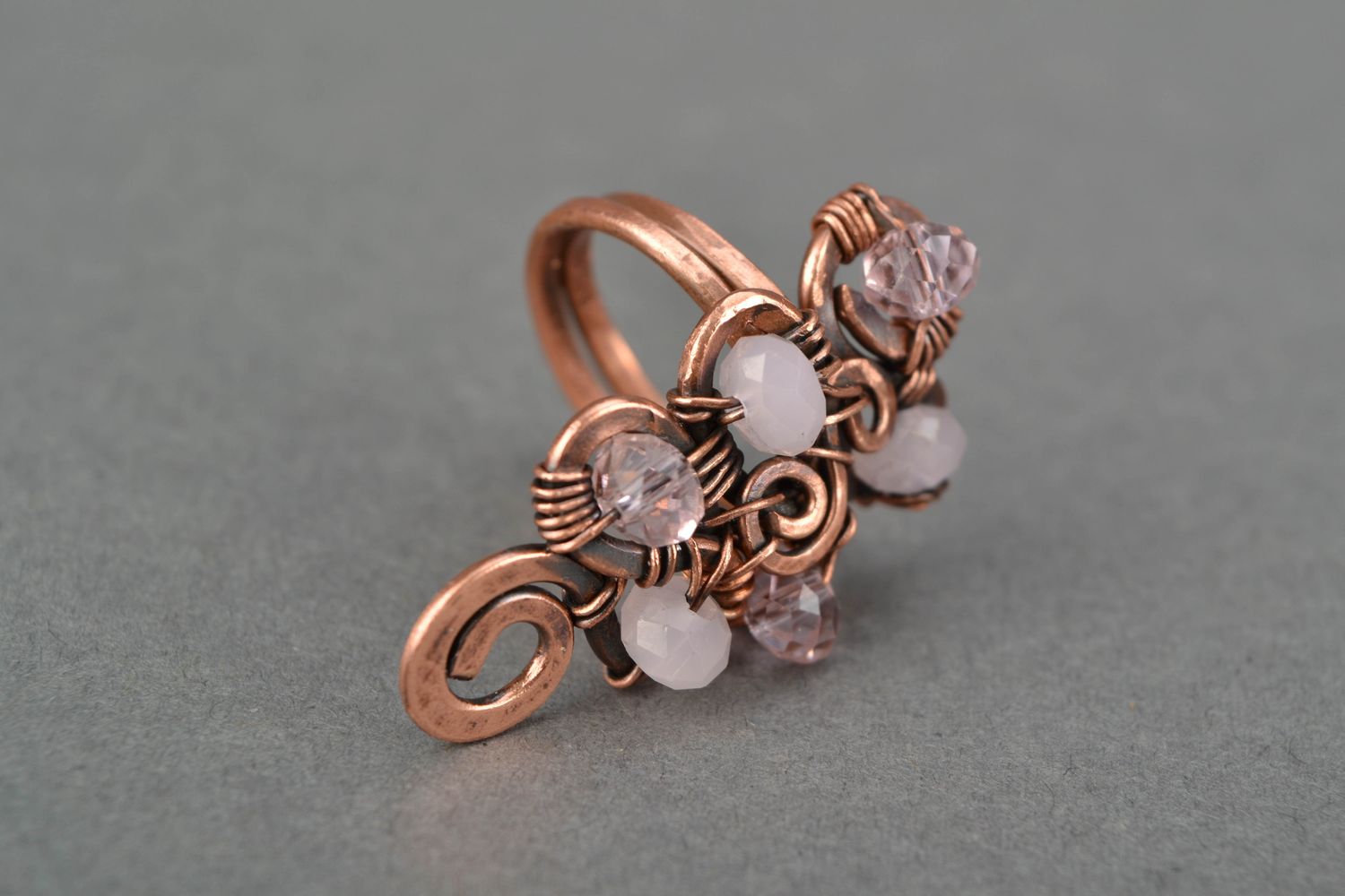 Wire wrap copper ring with crystal beads photo 3