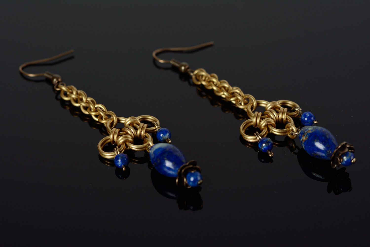 Handmade metal chainmaille earrings with natural stone photo 1