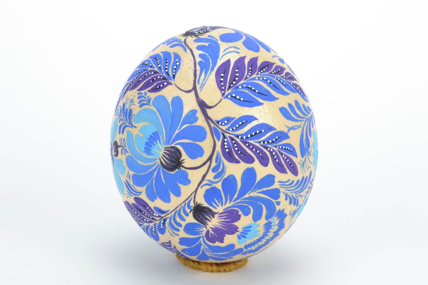 Beautiful ostrich egg with folk blue Petrikov painting home Easter decor ideas photo 4
