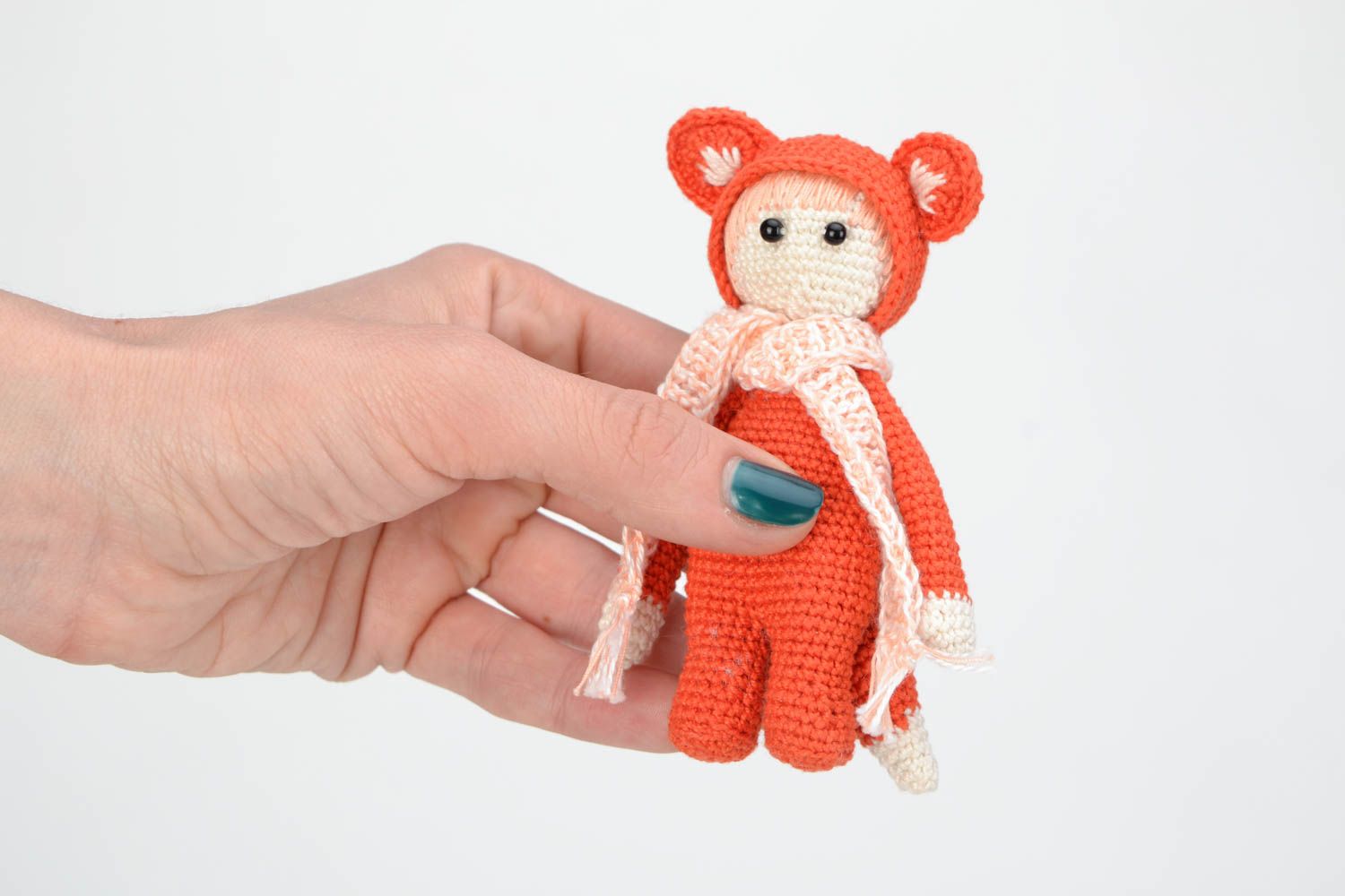 Small handmade soft crochet toy Girl in fox costume photo 2