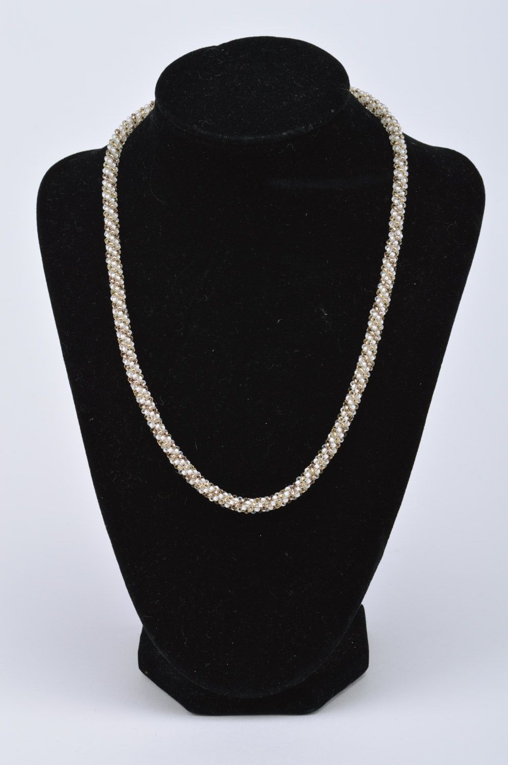 Handmade evening thin necklace woven of gray Czech beads for women Tender Kiss photo 5