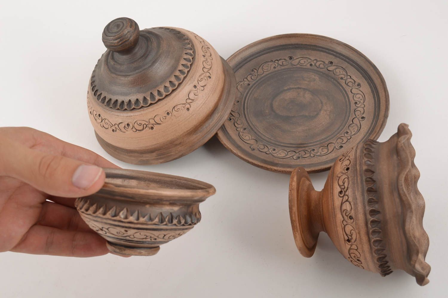 Керамический набор посуды ручной работы креманка пиала и масленка гончарство фото 4