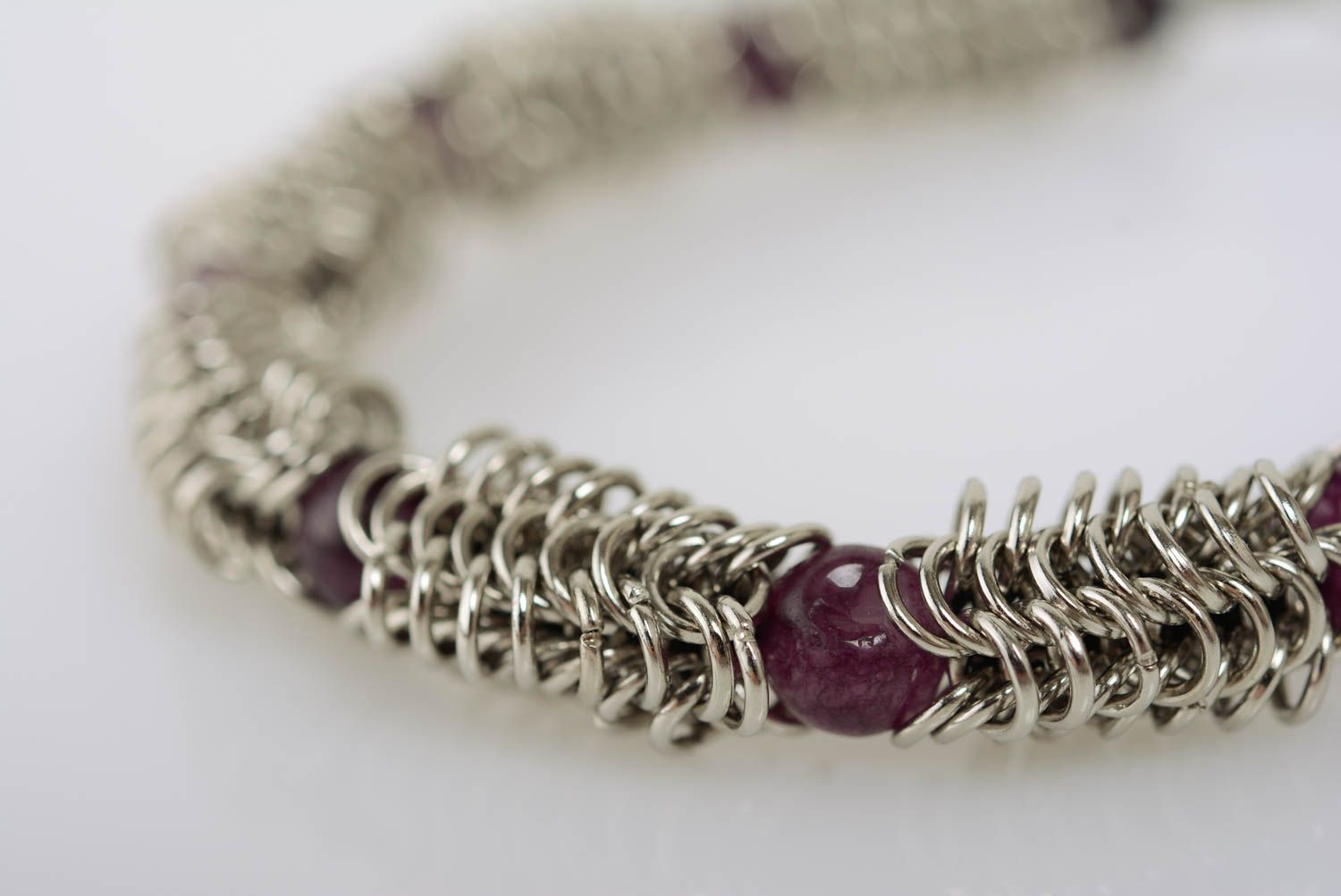 Handmade jewelry alloy bracelet chain mail weaving technique with amethyst photo 2