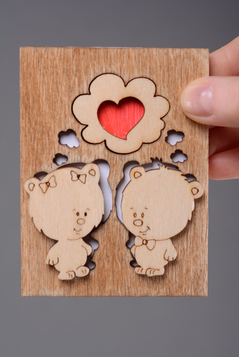 Belle carte de voeux en bois faite main originale avec oursons et coeur photo 4