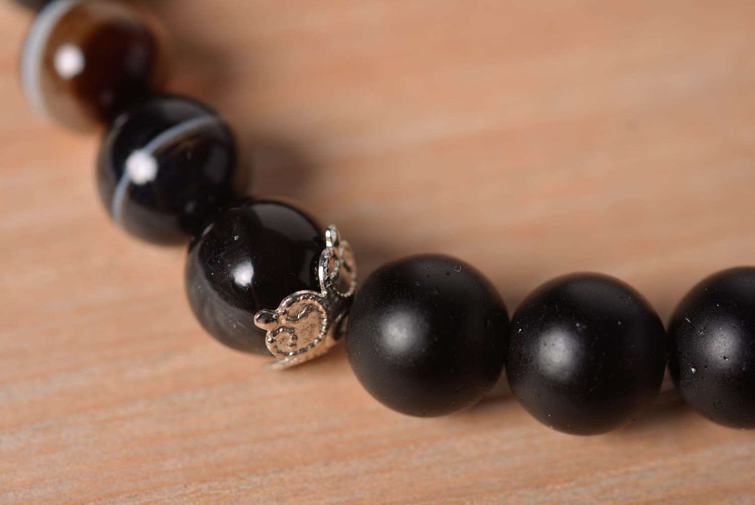 Handmade laconic wrist bracelet with natural black agate stone beads for women photo 2