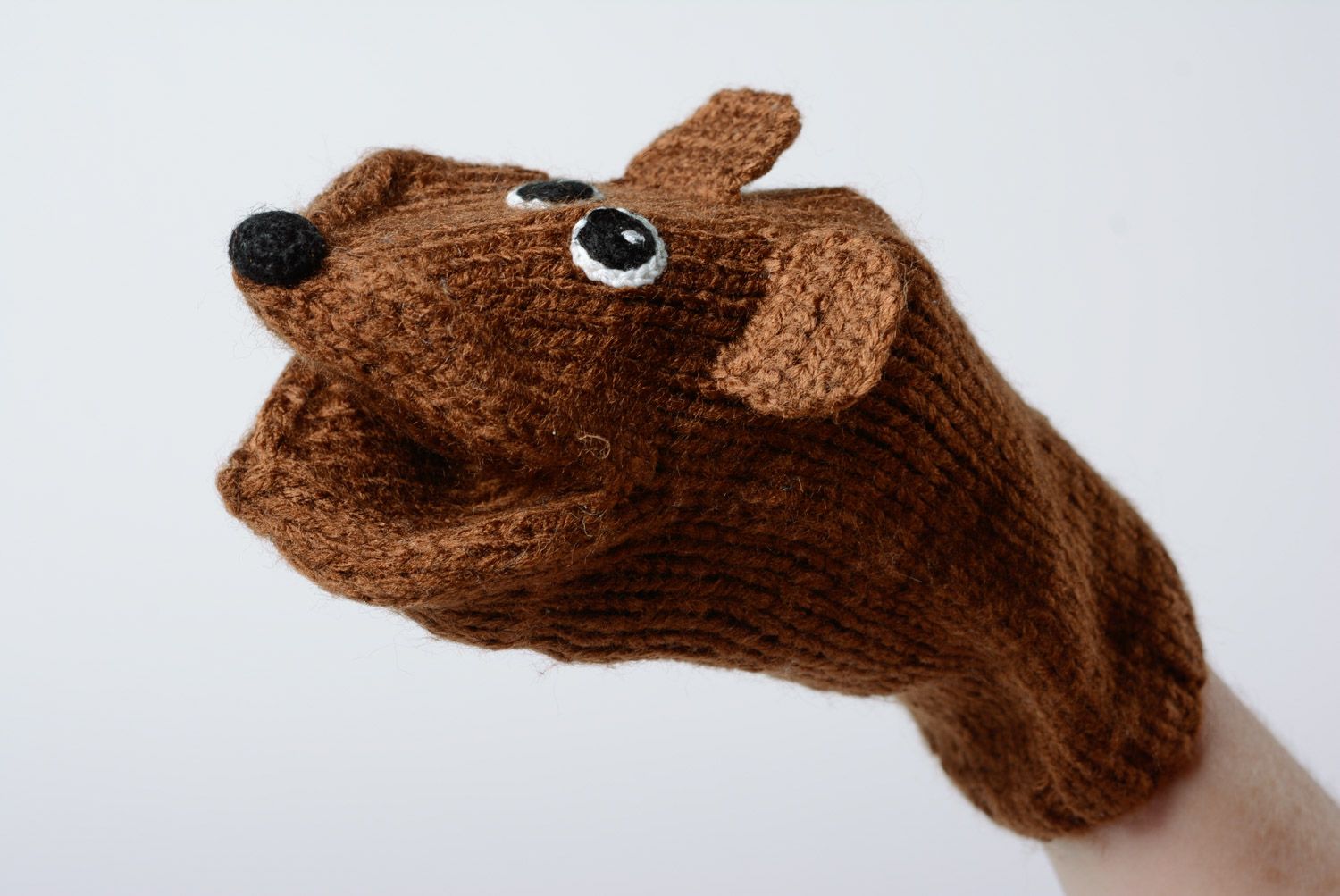 Handmade cute hand puppet knitted of brown threads for puppet theater  photo 2