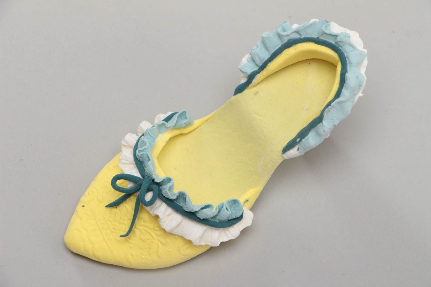 Handmade decorative polymer clay figurine of yellow and blue shoe for interior photo 2