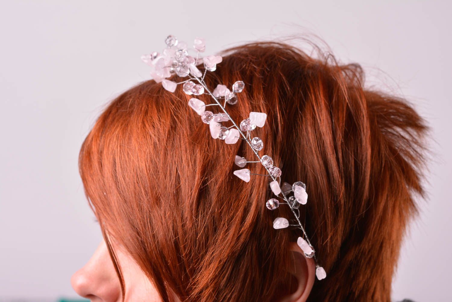 Аксессуар для волос хэнд мэйд ободок для волос обруч на голову с розовым кварцем фото 5