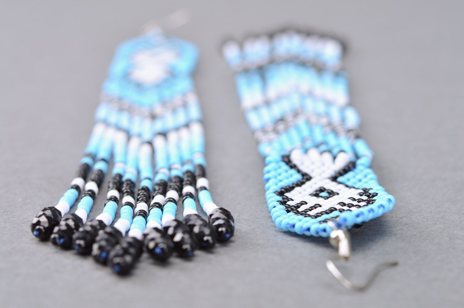 Blue and white unusual handmade beaded earrings with fringe photo 4