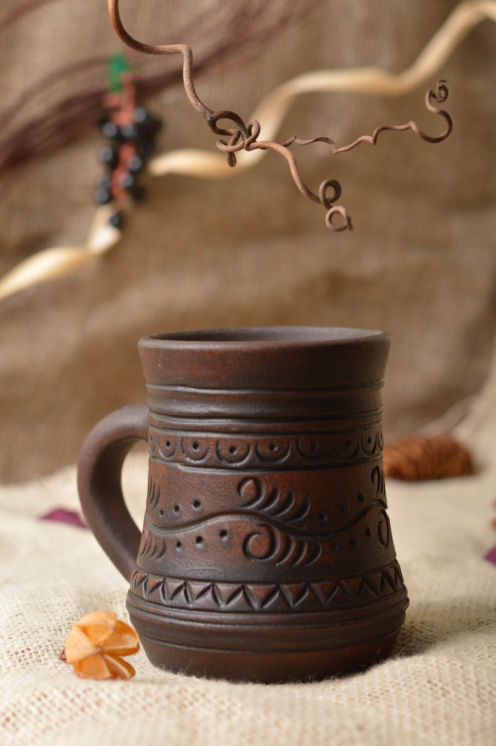 Small handmade designer ceramic mug with patterns 250 ml clay drinkware photo 1