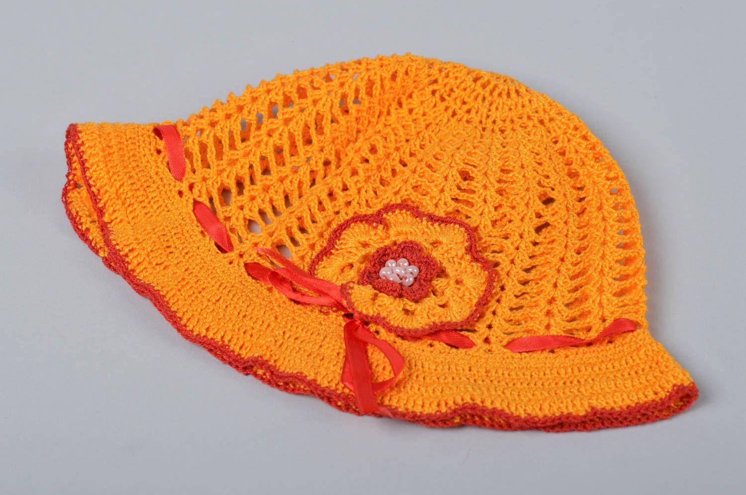 Шапка ручной работы детская панамка крючком детский головной убор оранжевый фото 7
