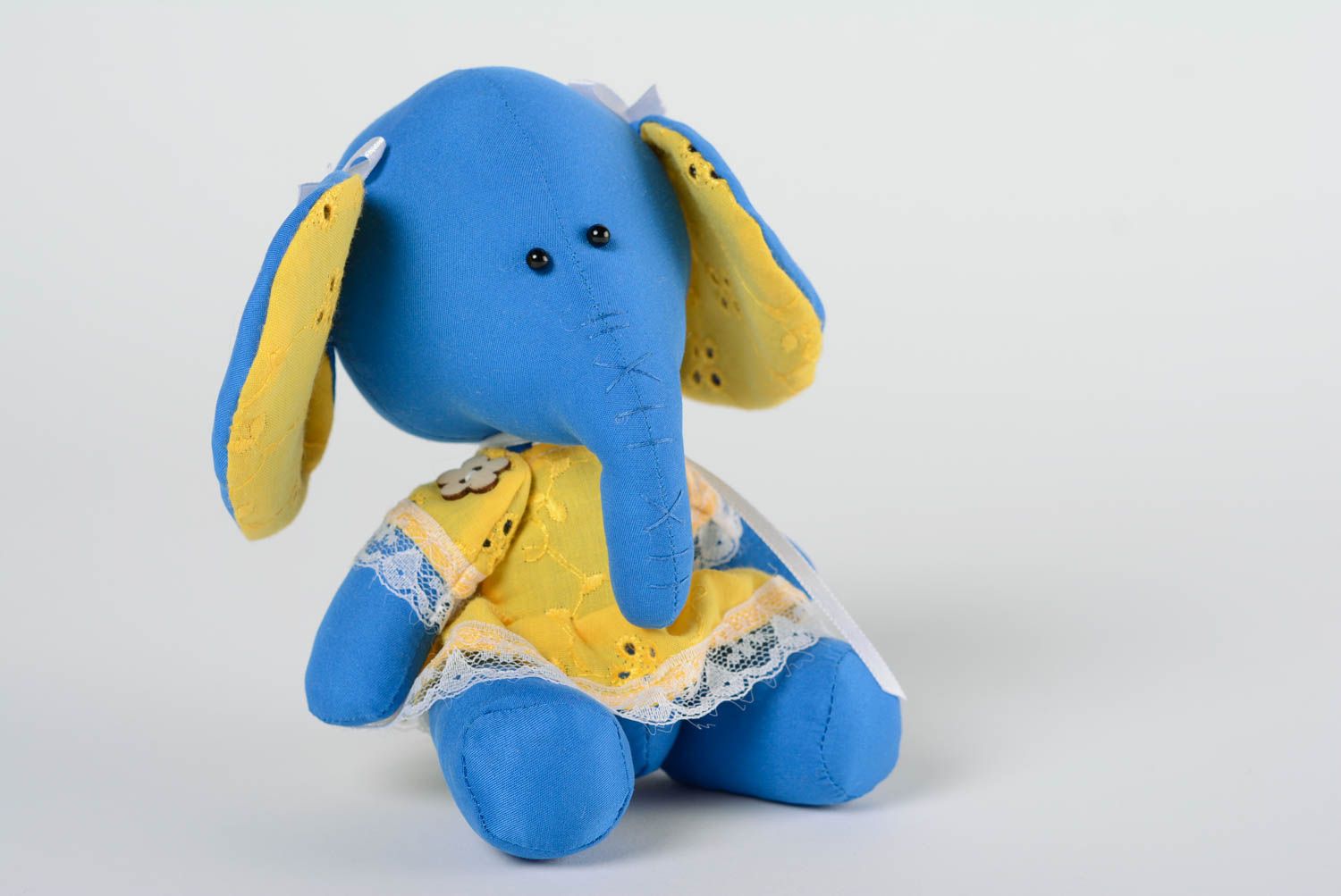 Handmade designer cotton fabric soft toy blue elephant in bright yellow dress photo 1