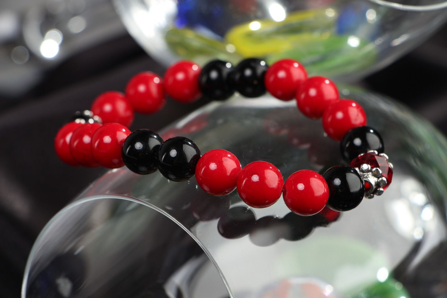 Handmade red and black stretch wrist bracelet with coral and agate stone beads  photo 3