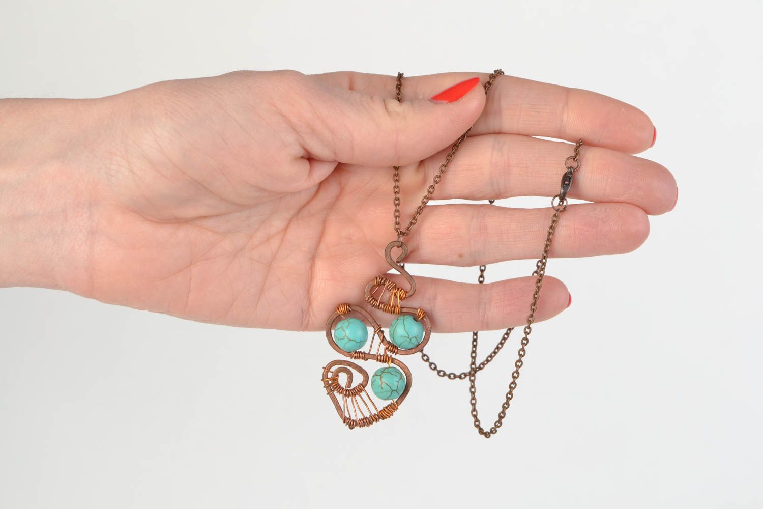 Handmade copper wire wrap pendant with turquoise on long chain stylish accessory photo 2