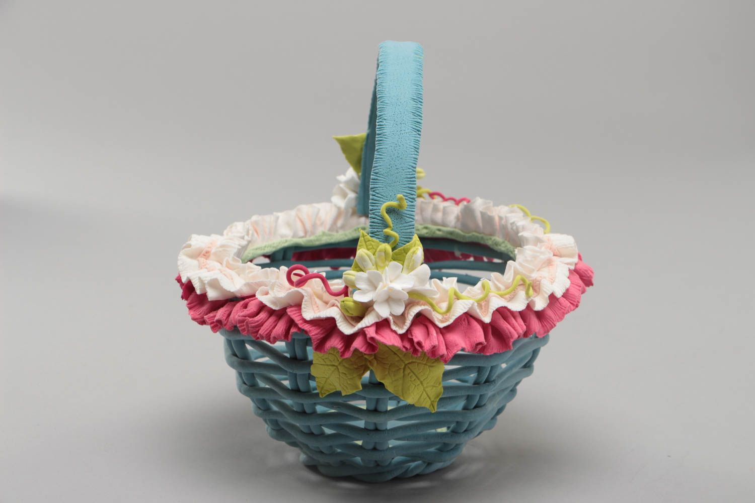 Small blue handmade molded polymer clay basket interior statuette photo 3