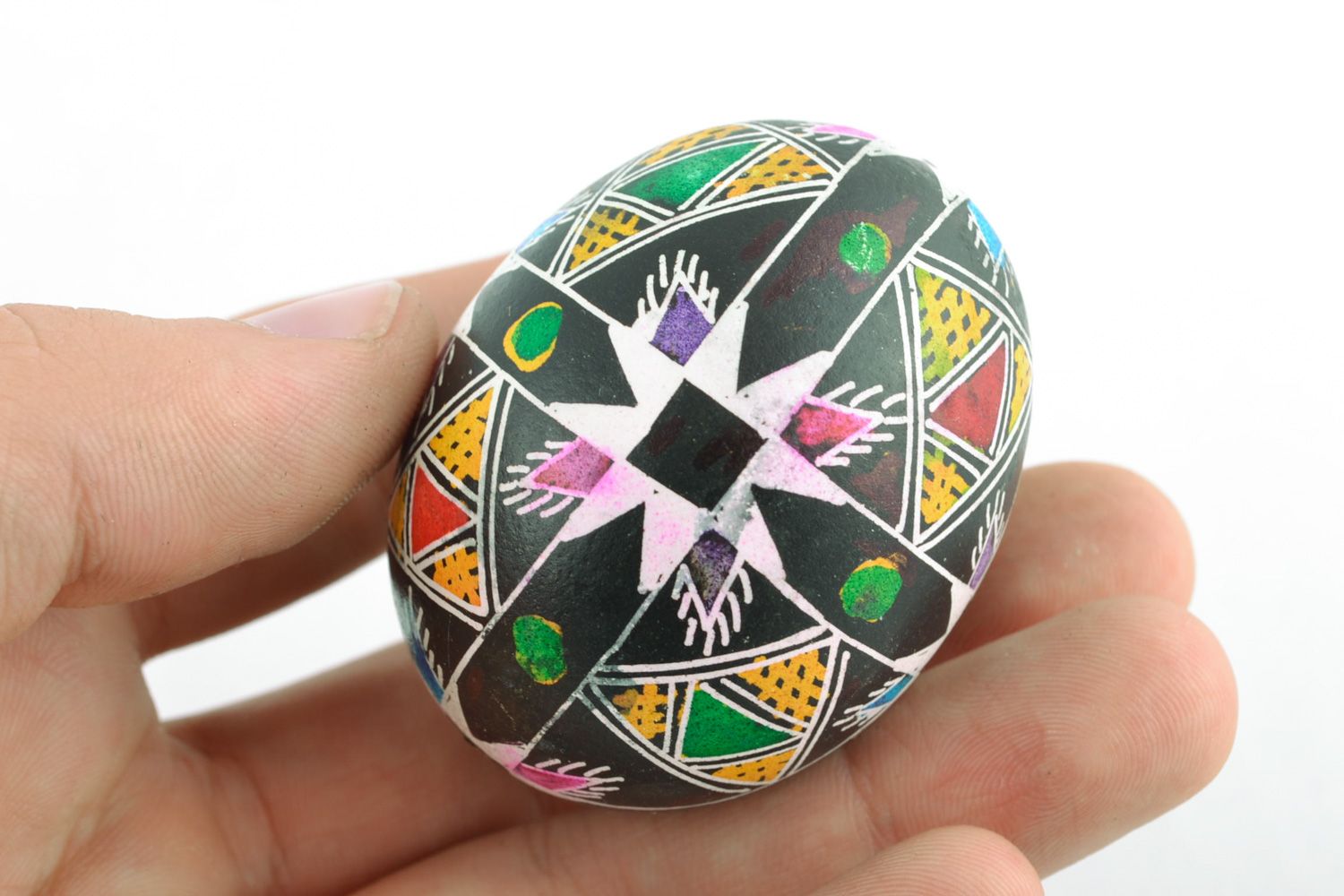 Handmade Easter egg with contrast geometric ornament painted using wax technique photo 2