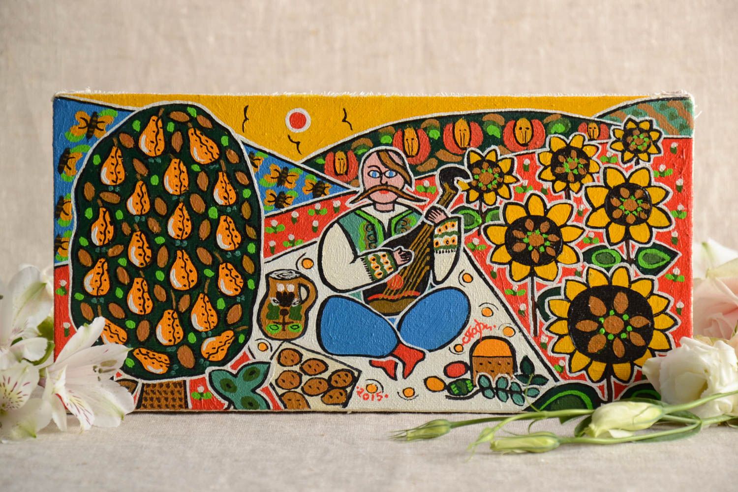 Cuadro pintado al óleo artesanal original étnico de colores vivos Cosaco foto 1