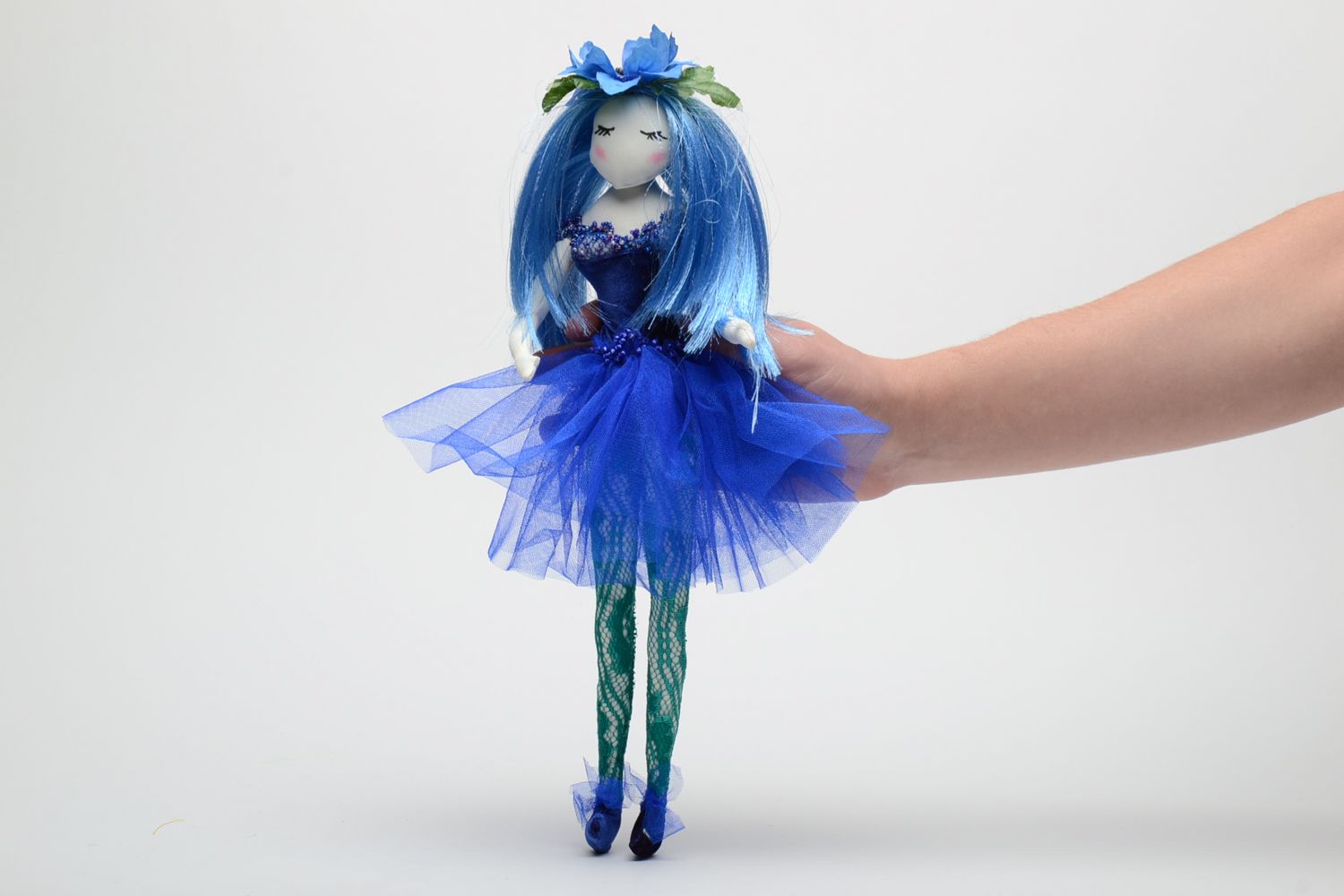 Handmade fabric doll in blue clothing photo 5