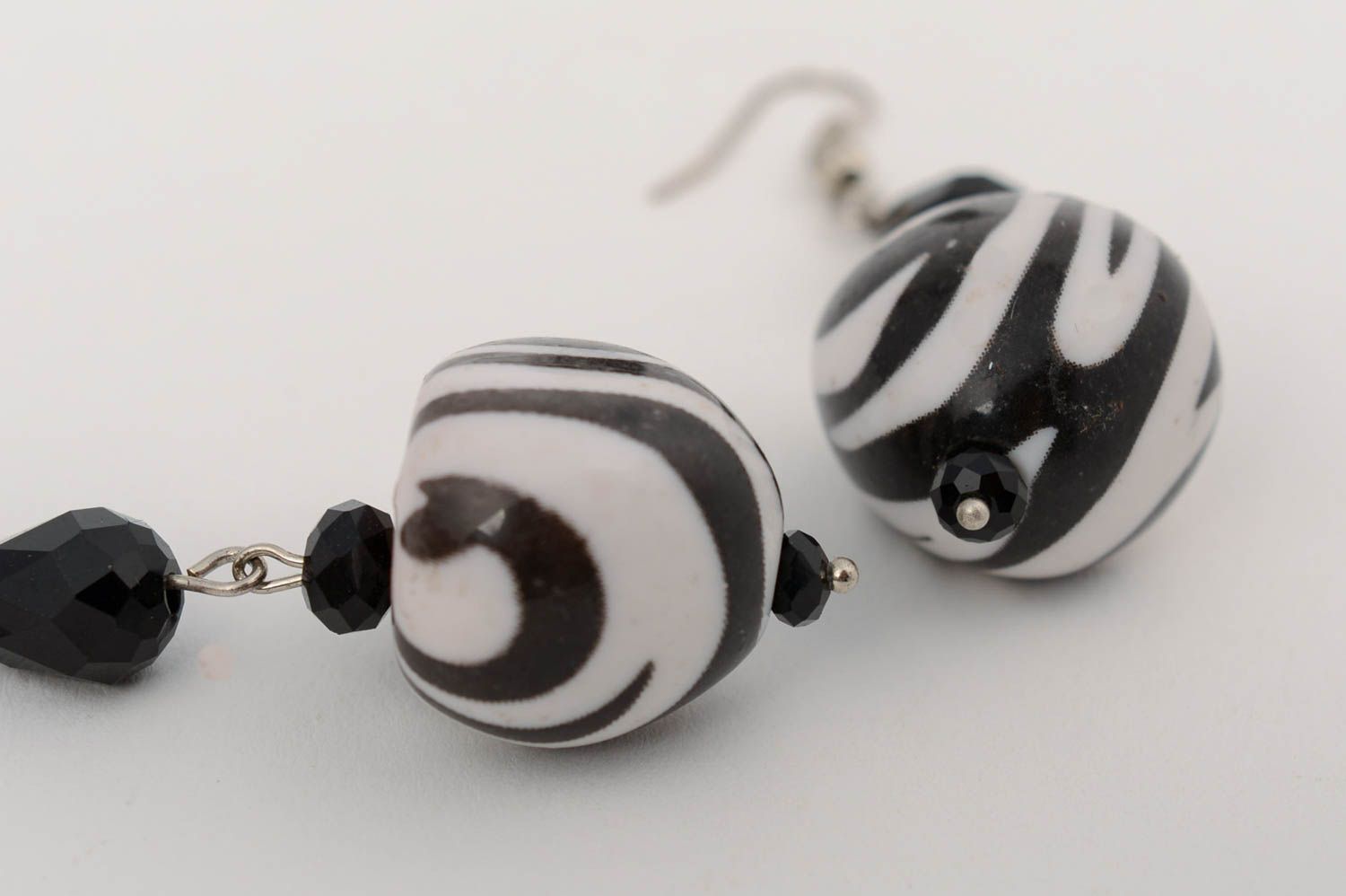 Handmade black and white Czech crystal and plastic heart shaped earrings  photo 5