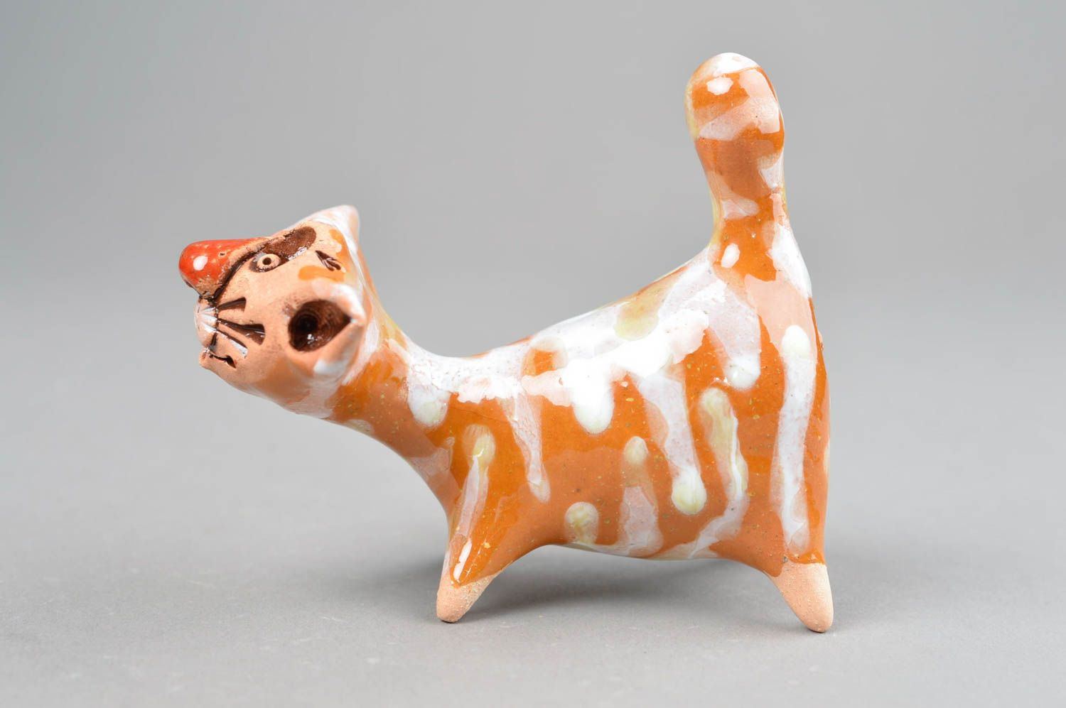Figurine céramique peinte de glaçure colorée faite main Chat orange rayé photo 2