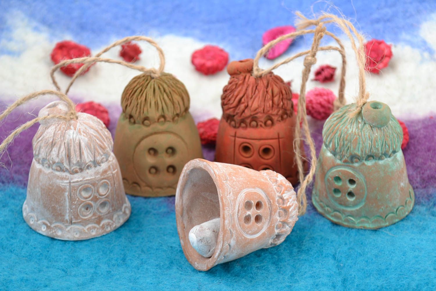 Set of handmade ceramic bells houses 5 pieces made of red clay for home decor photo 1