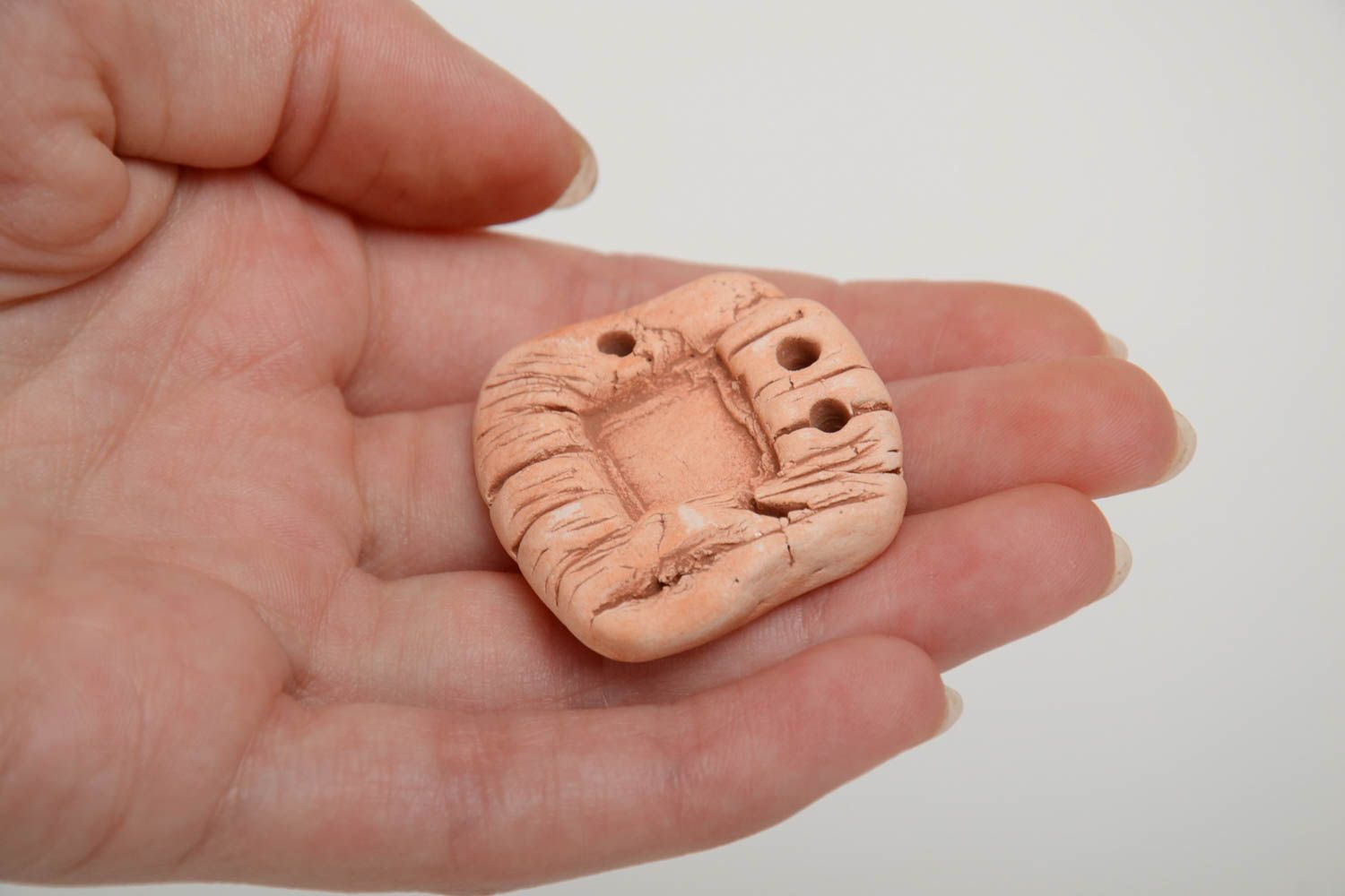 Homemade unusual small relief ceramic component with 3 openings for jewelry photo 5