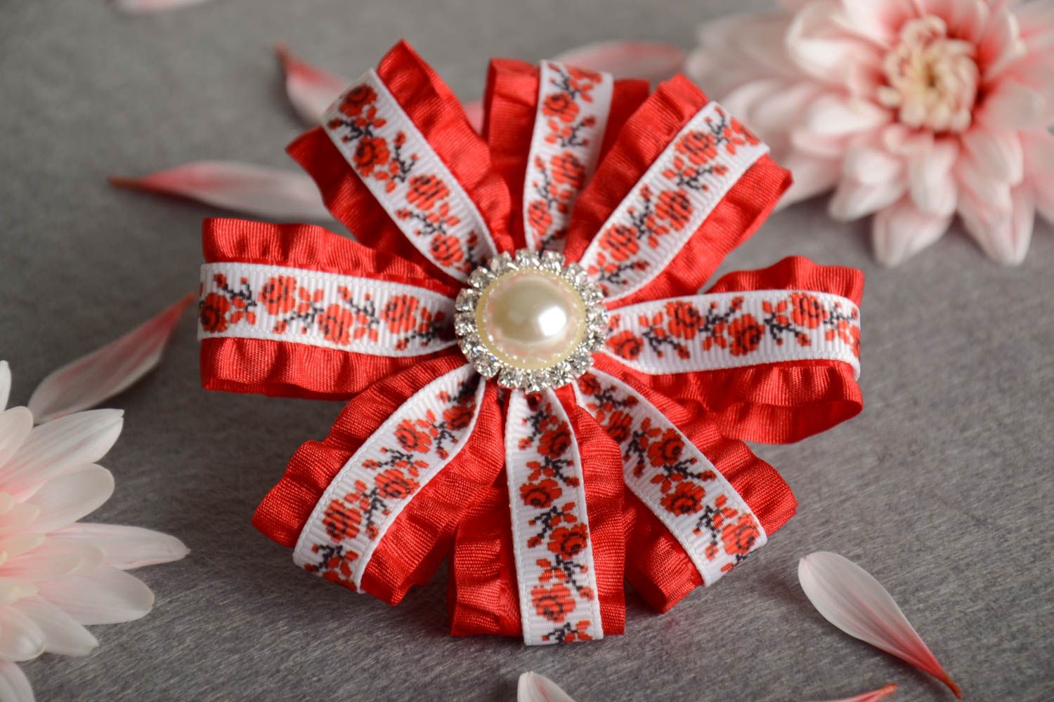 Red handmade scrunchy made of rep and satin ribbons handmade barrette for girl photo 1