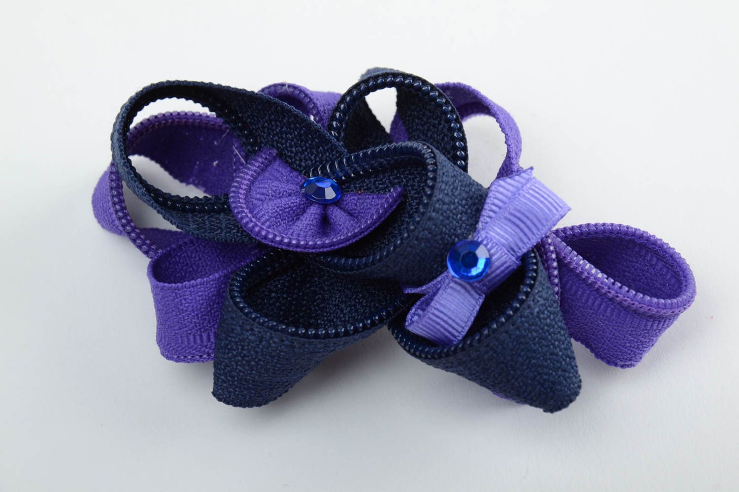 Set of handmade dark blue rep ribbons jewelry dangling earrings and brooch 2 items photo 4