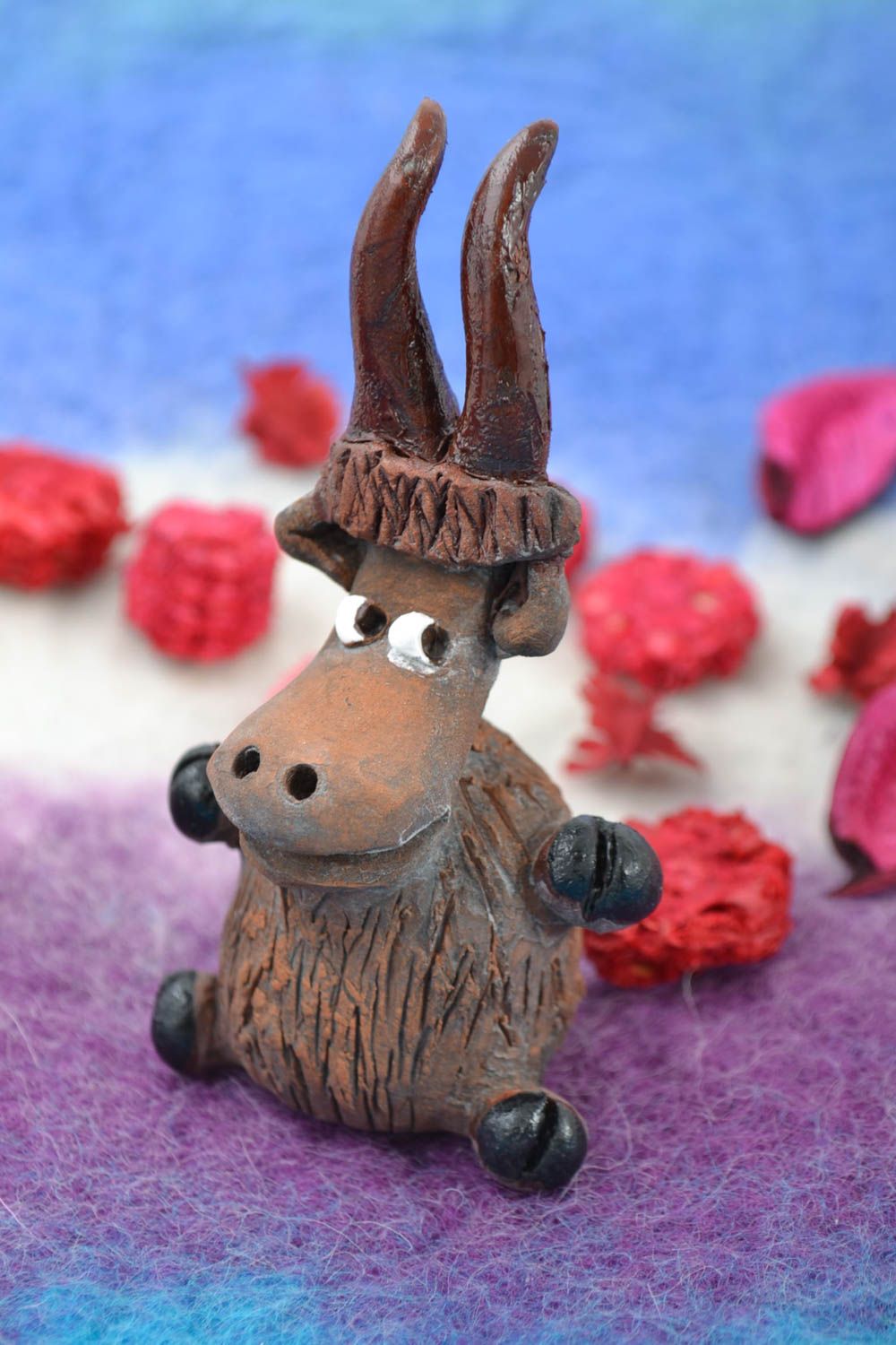 Funny miniature painted statuette in the form of goat handmade clay figurine photo 1
