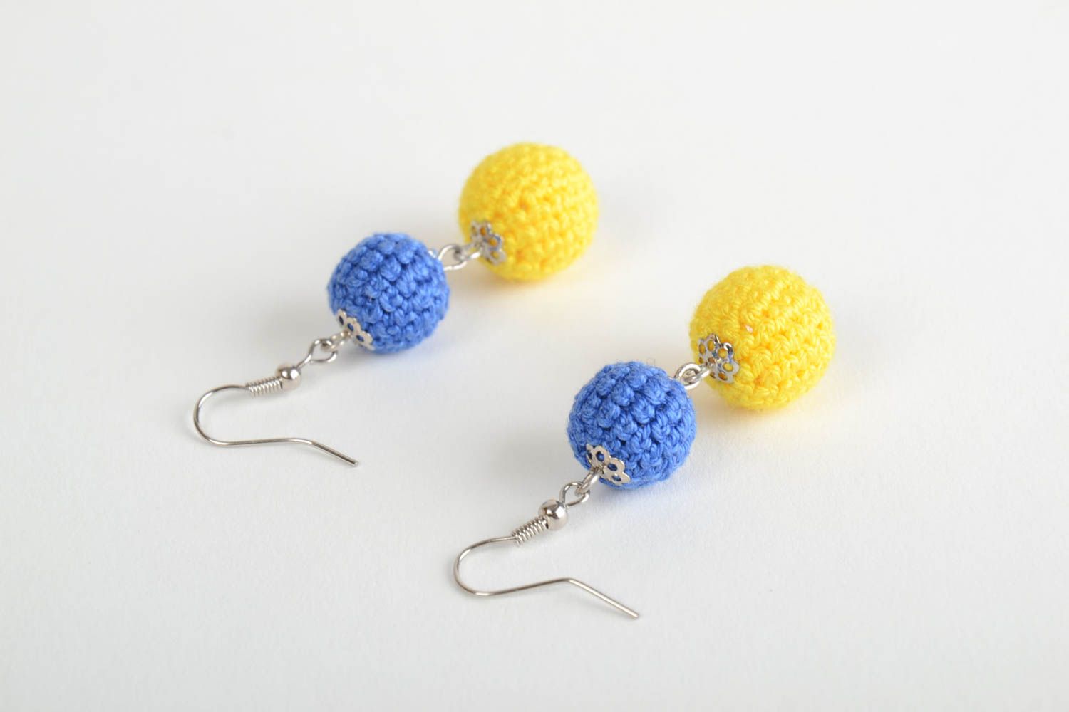 Yellow and blue homemade crochet ball earrings long designer photo 4