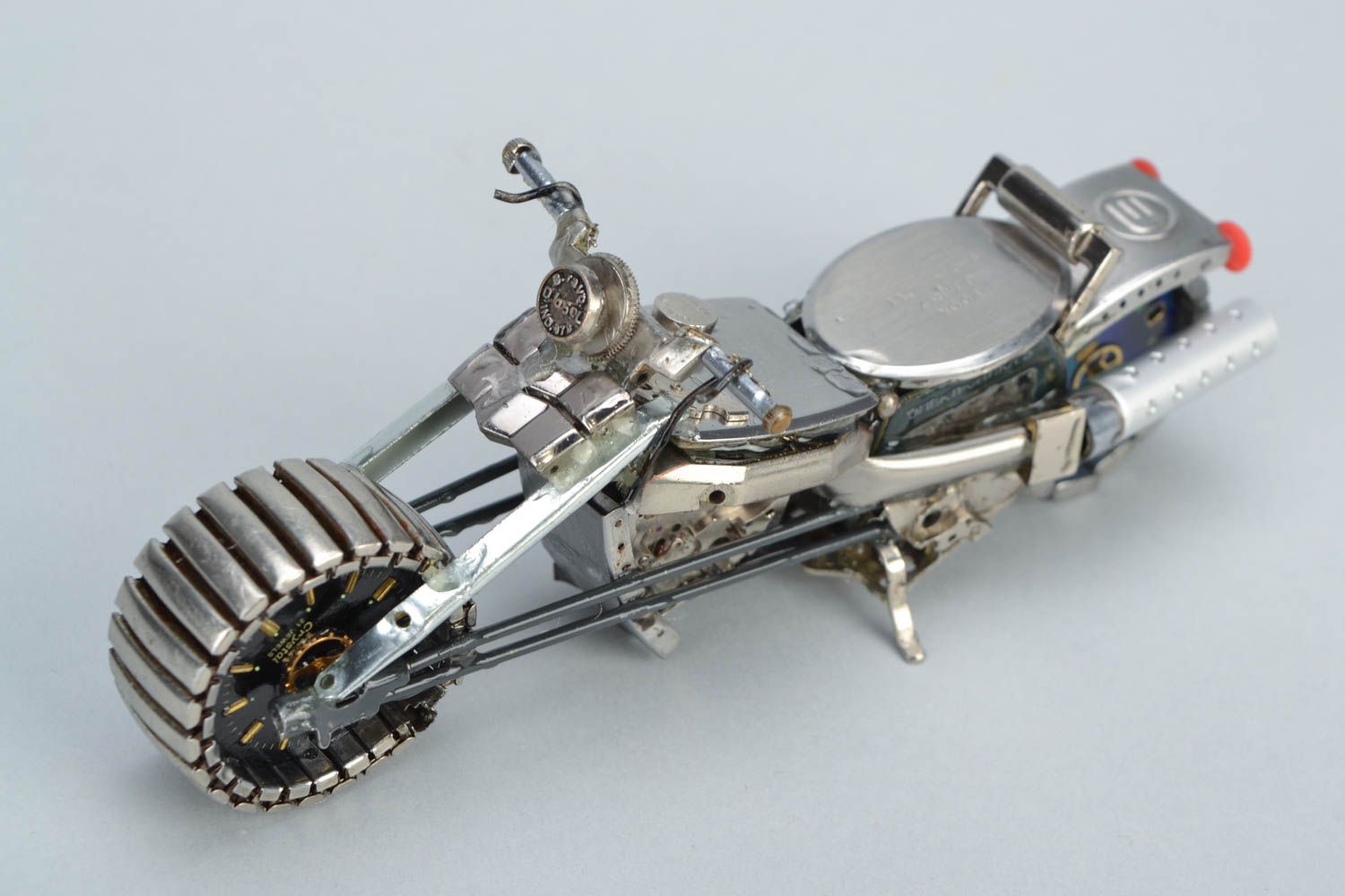 Handmade metal miniature steampunk statuette with clock mechanisms Motorcycle photo 1