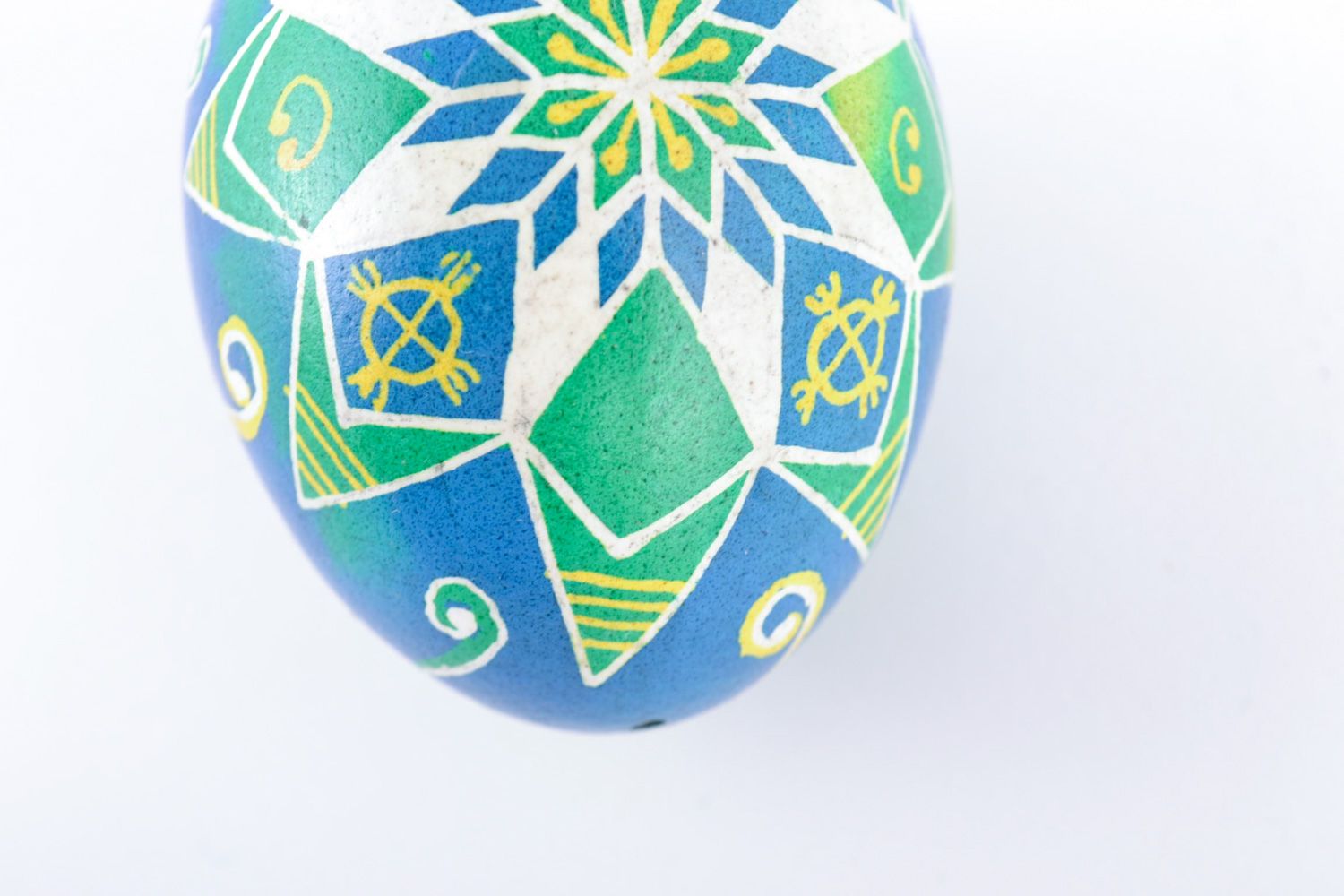 Handmade painted chicken egg with pattern of blue and green colors for Easter photo 4