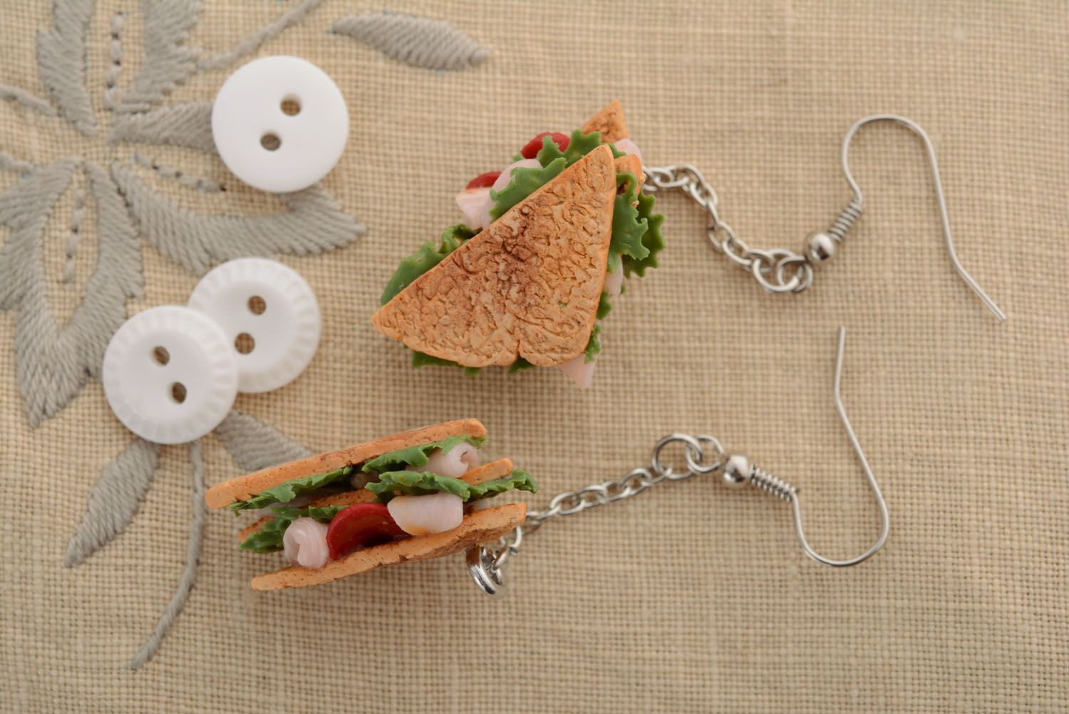 Earrings with charms made of polymer clay Great Sandwiches photo 3