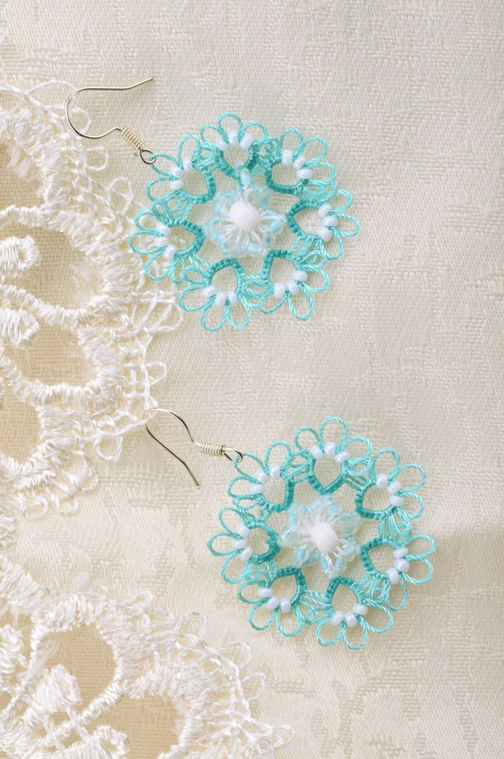 Light blue handmade woven tattings earrings with beads photo 5