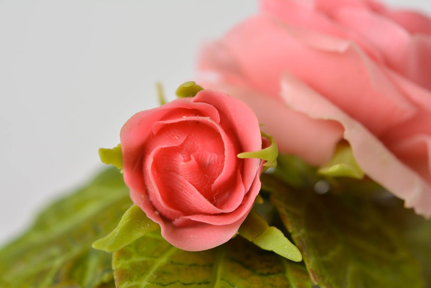 Handmade designer hair clip with polymer clay flower tender pink rose with leaf photo 5