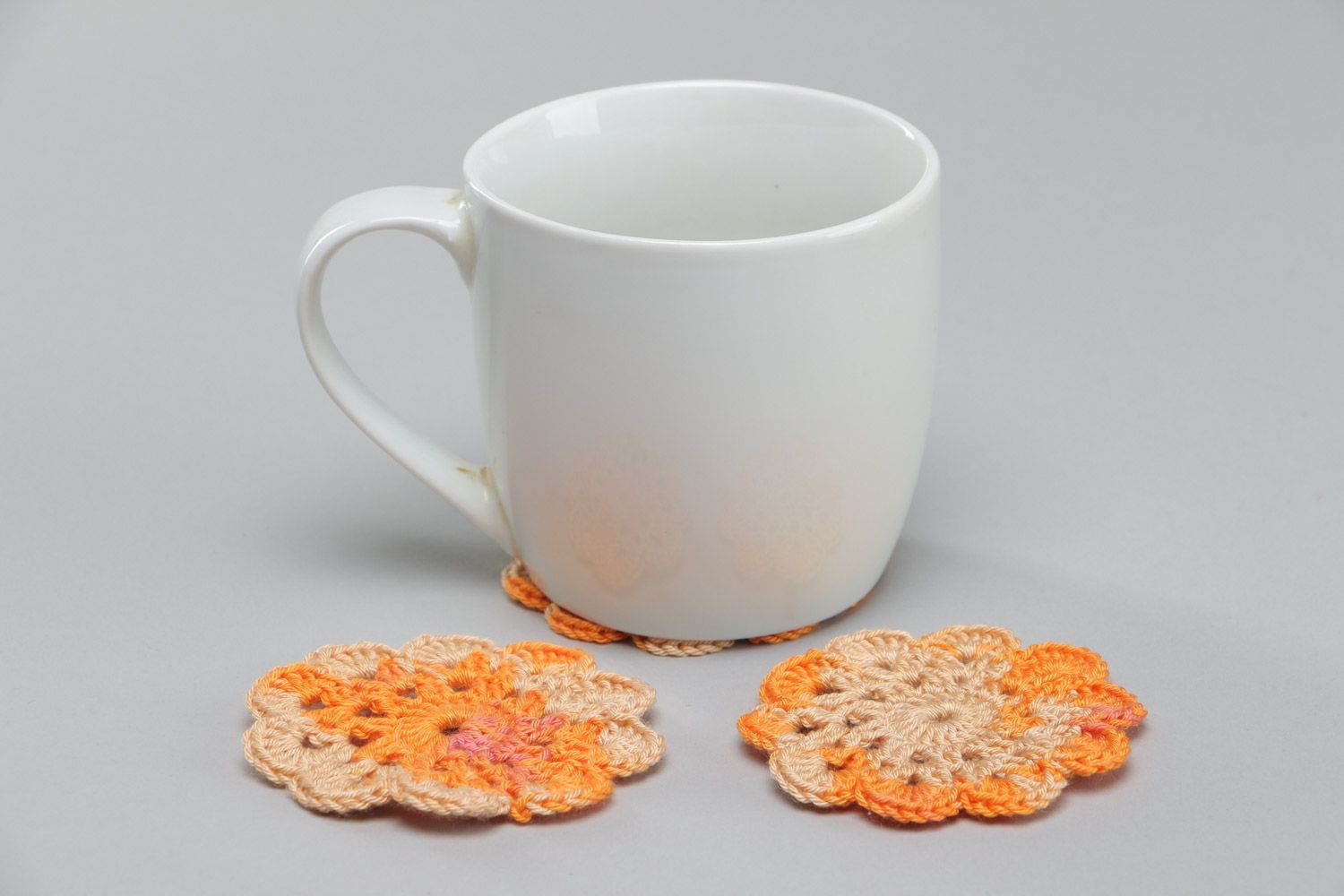 Set of handmade orange crochet cotton coasters for cups 3 pieces photo 4
