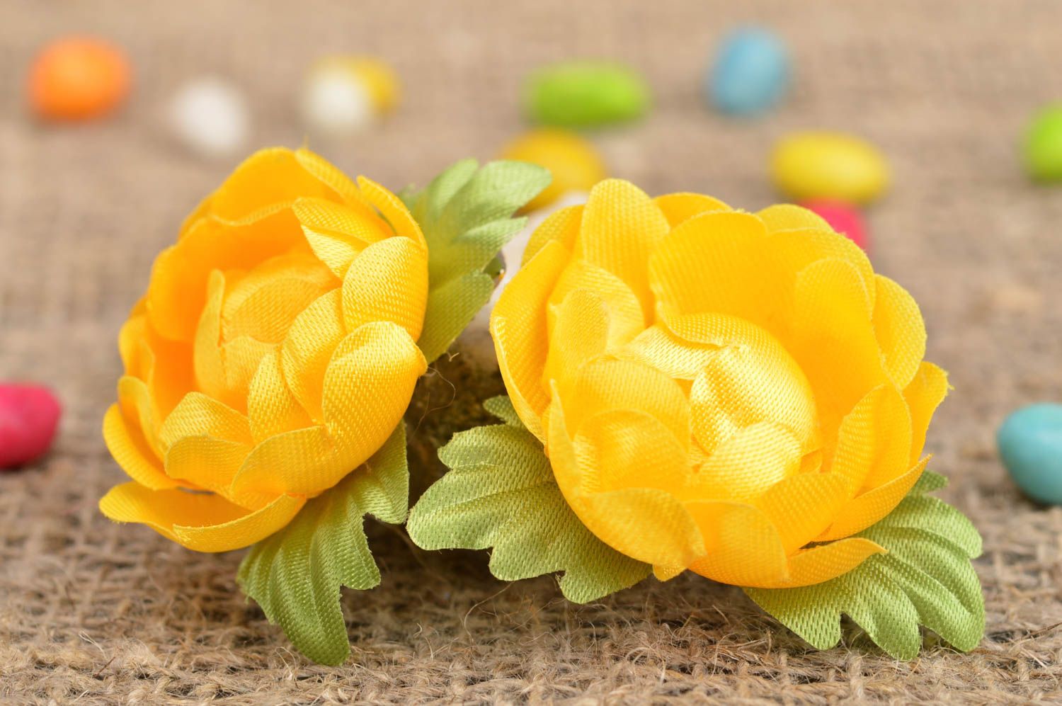 Handmade yellow hair clips made of artificial flowers set of 2 pieces for kids photo 1
