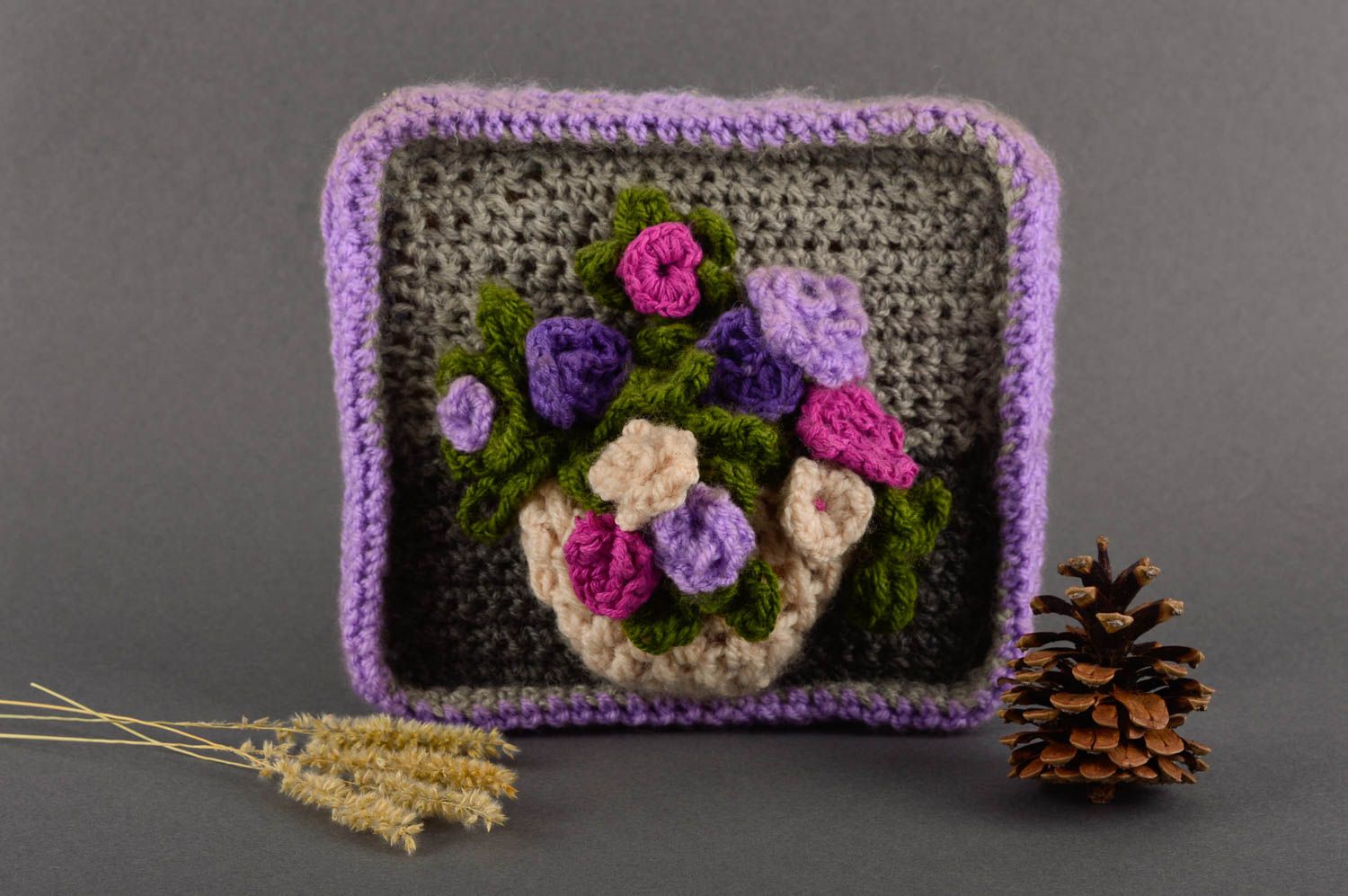 Handmade wall picture with flowers crocheted wall panel interior decor ideas photo 1