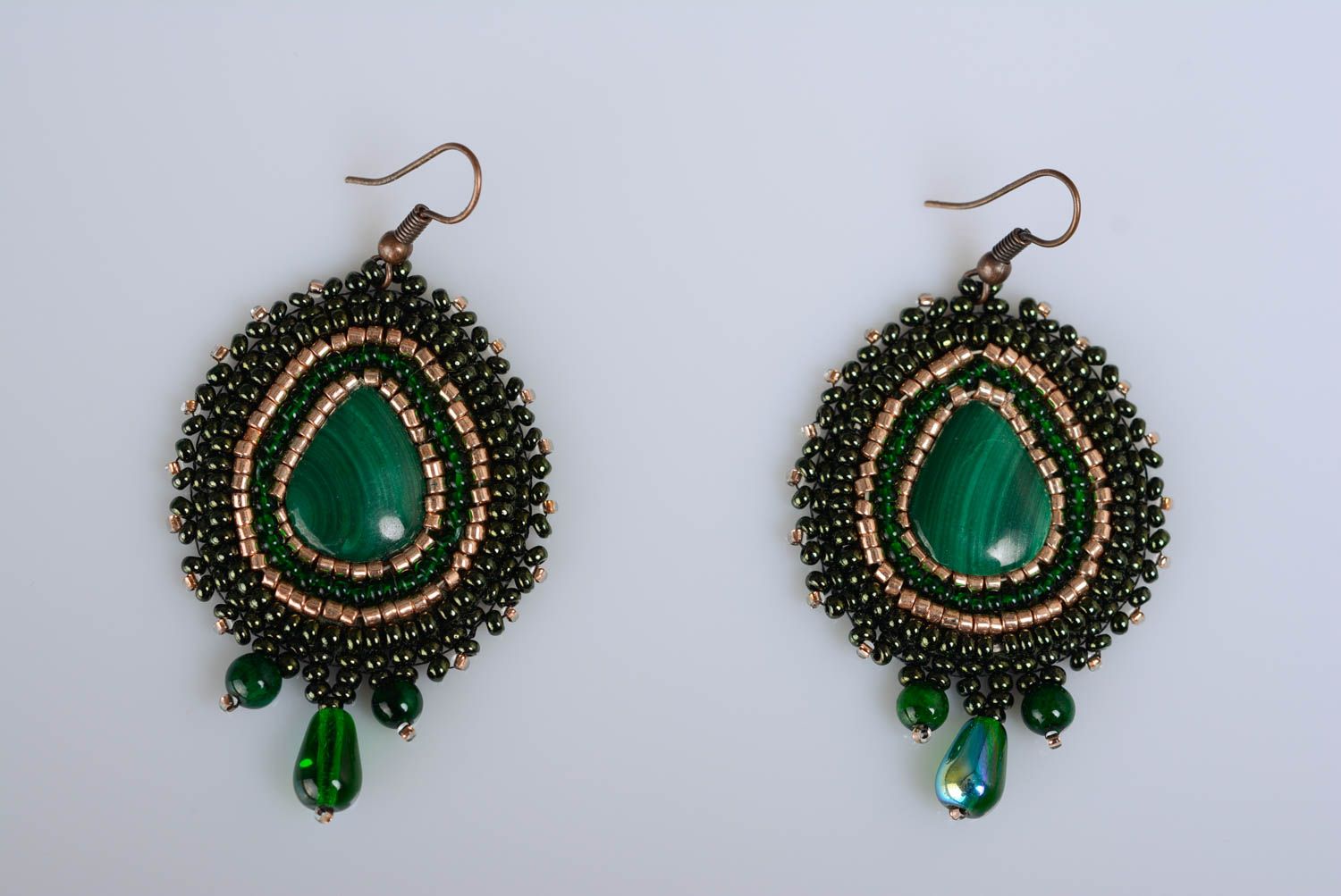 Evening beaded earrings with natural malachite stone green handmade accessory photo 1