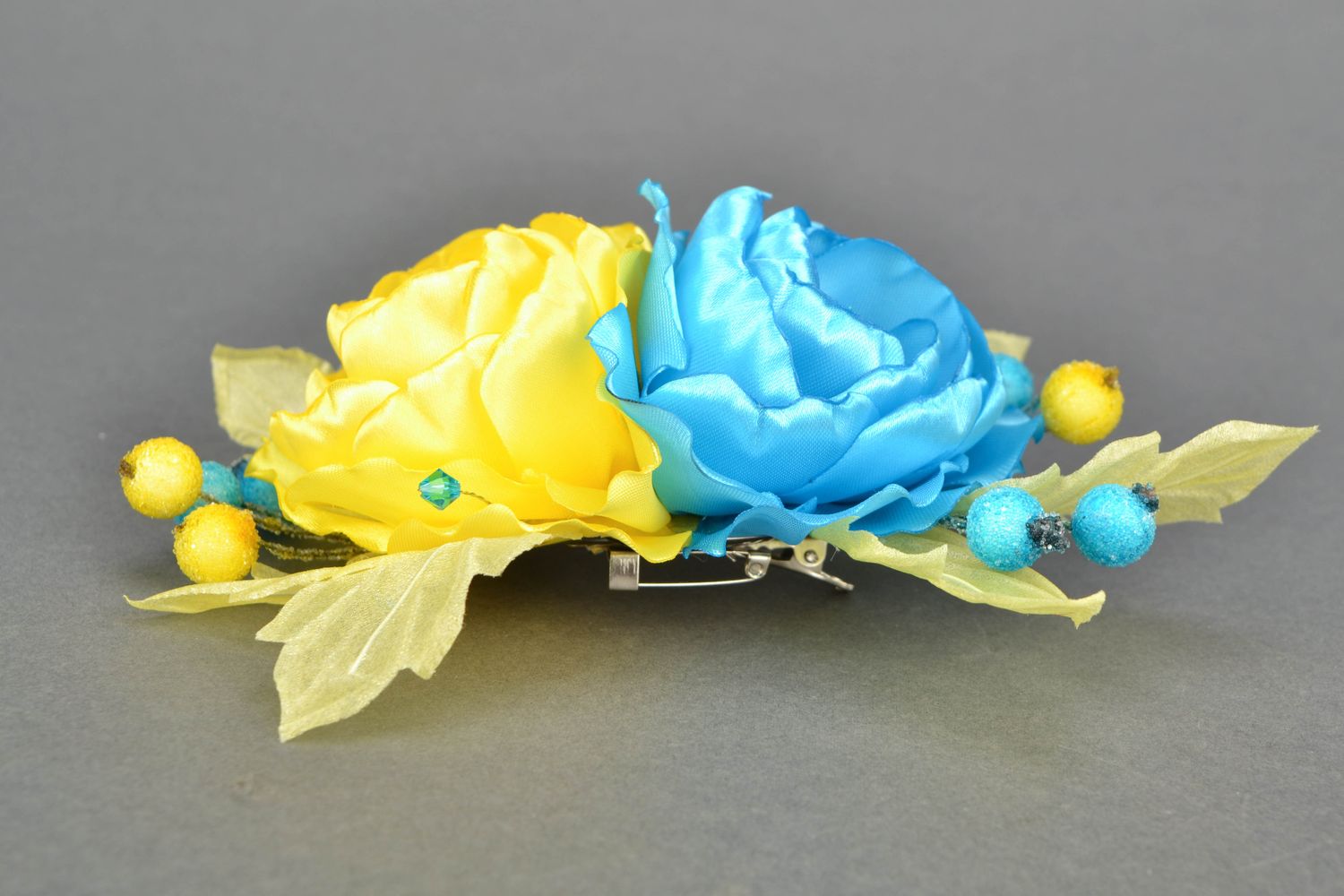 Satin brooch-hair pin Yellow and Blue Flower photo 4