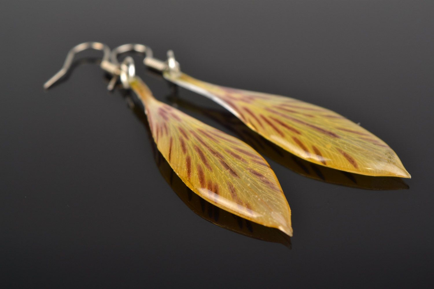 Handmade yellow and red dangle earrings with alstroemeria flower in epoxy resin photo 1
