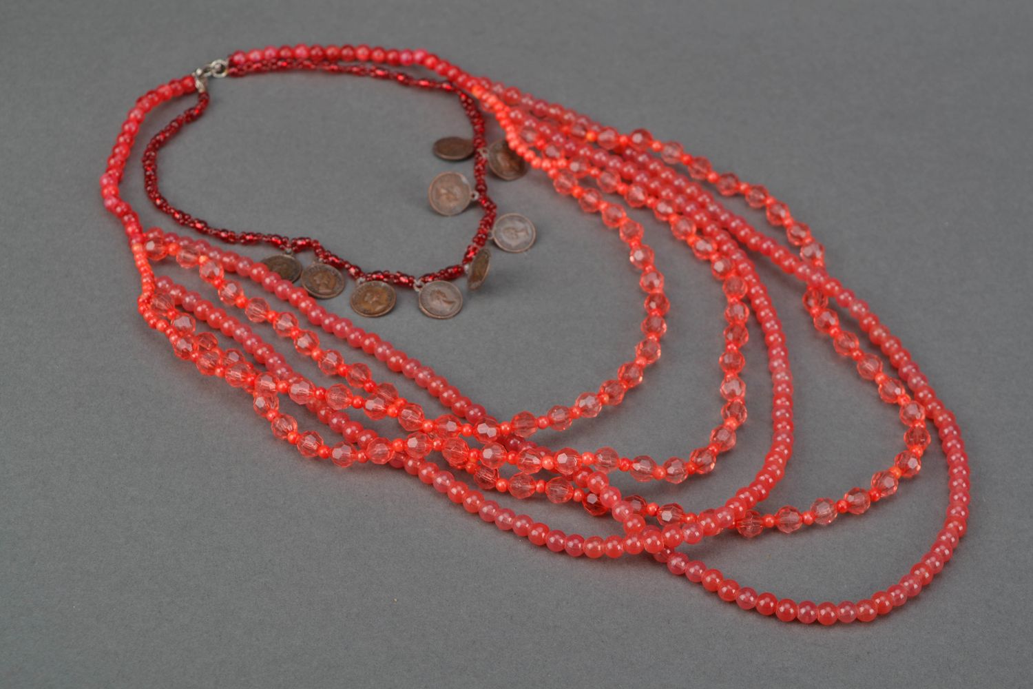 Red glass bead necklace with coins photo 1
