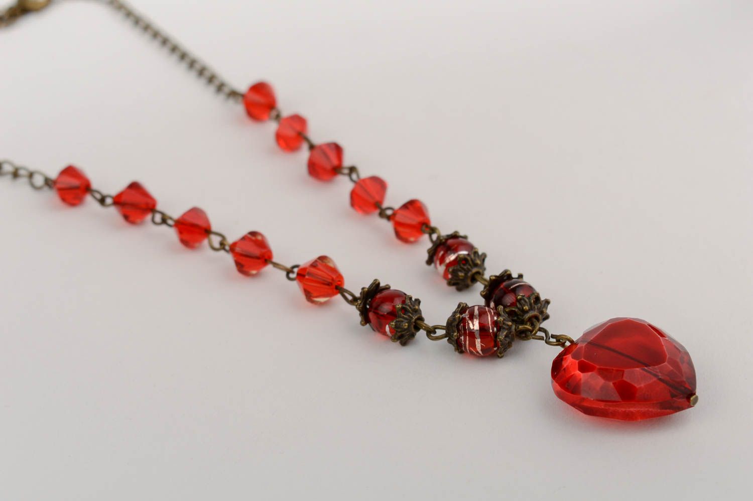 Handmade designer necklace with red Czech crystal and heart shaped pendant photo 5