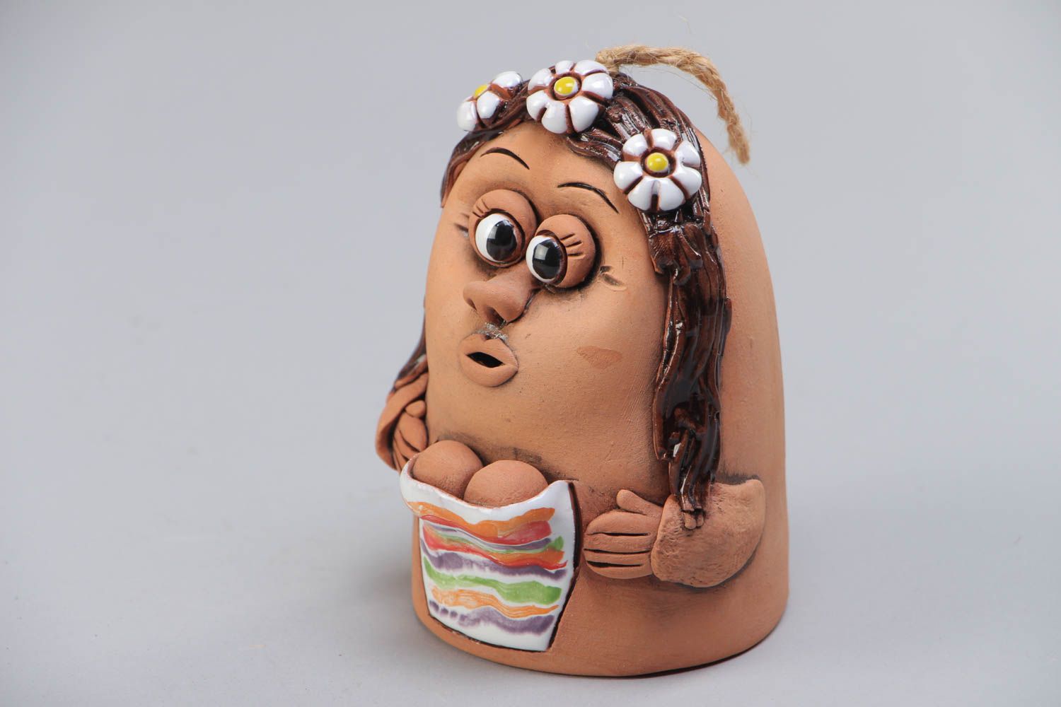 Handmade decorative painted ceramic hanging bell in the shape of a funny girl photo 2